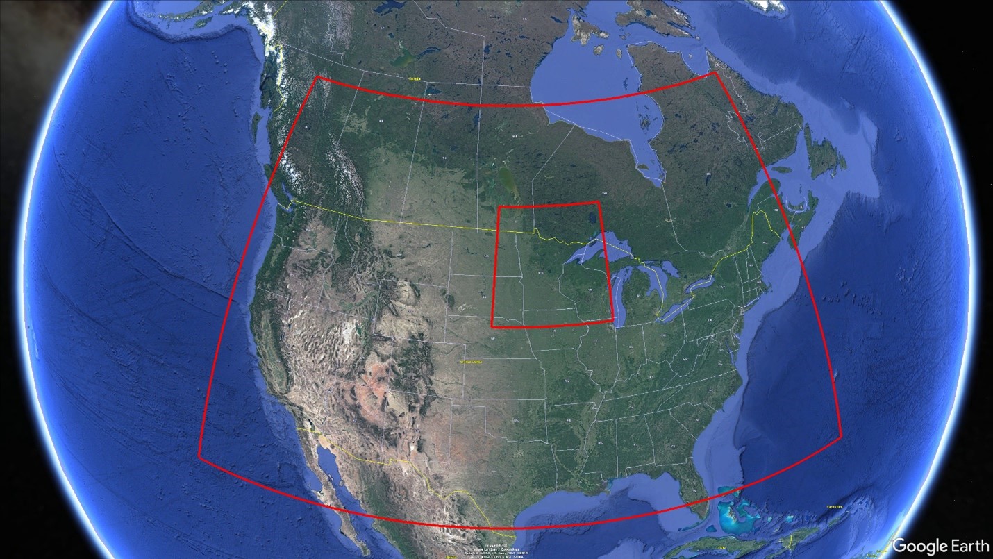 A Google Earth map of the world with a red outline around the U.S. and another red outline around Minnesota