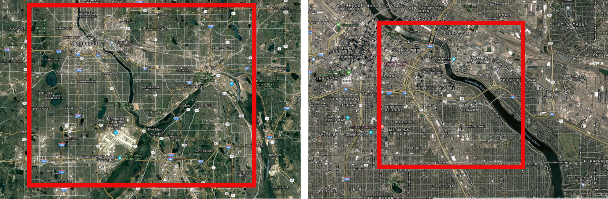 an aerial map view of the Twin Cities metro area and an aerial map view of the University of Minnesota campus, both outlined in red on the map