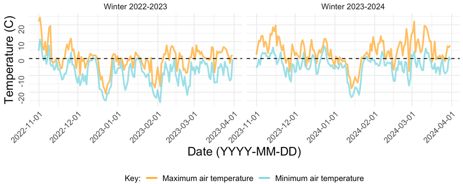 two line graphs of air temperatures by date over two winters in Minnesota