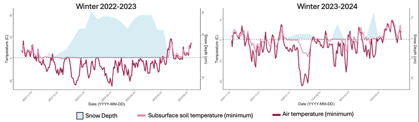 two graphs showing snow depth, soil temperature and air temperature for two winters in Minnesota